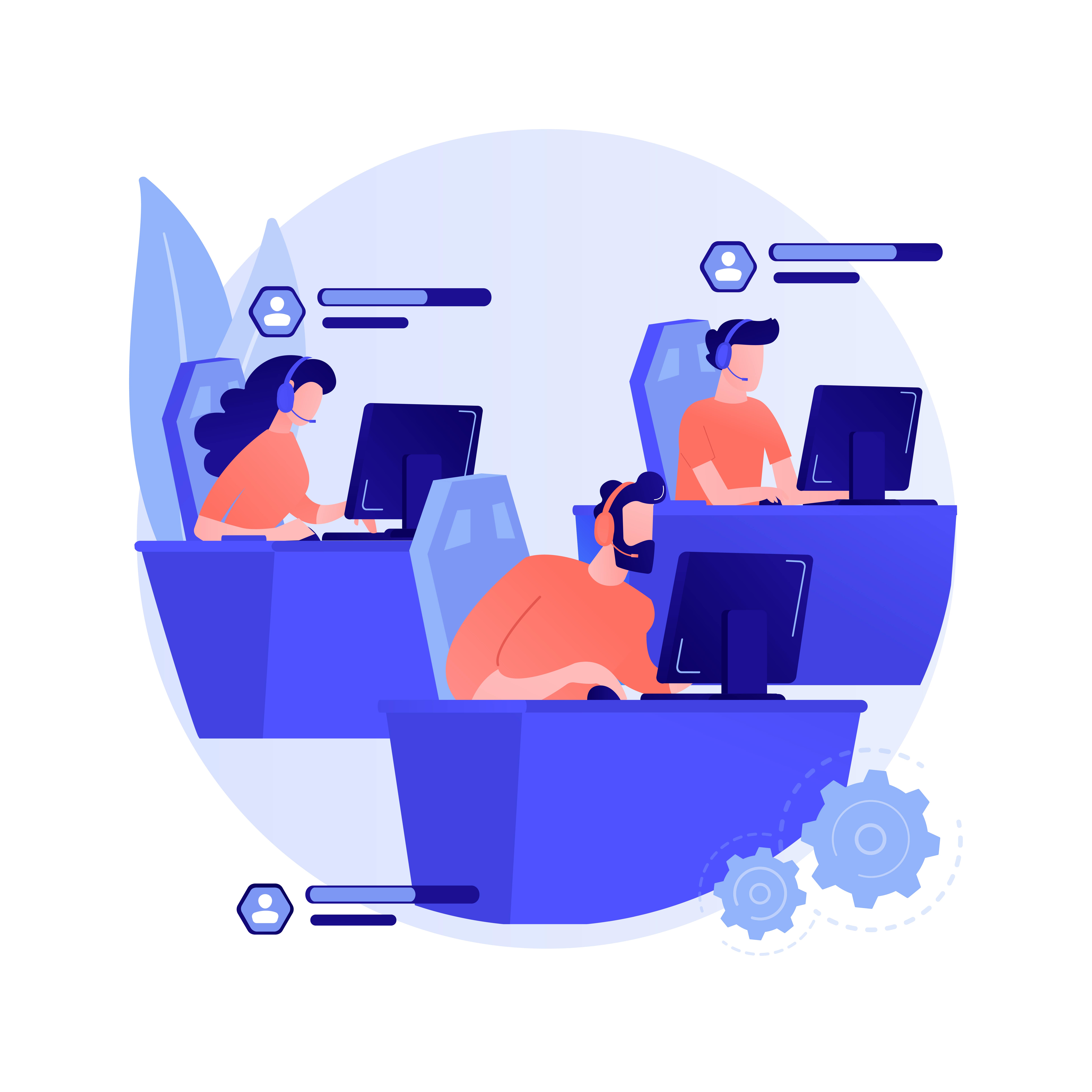 Three customer support agents wearing headsets work at computers, with progress bars and gear icons in a modern, colorful illustration.